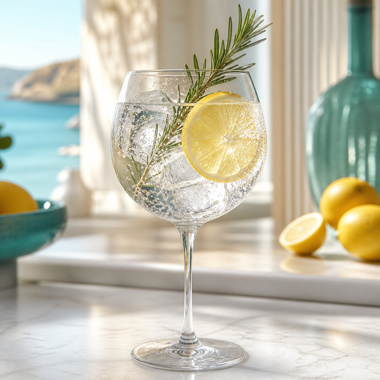 Mermaid Zest Gin served with Fever-Tree Mediterranean Tonic Water, garnished with lemon wheel and rosemary sprig