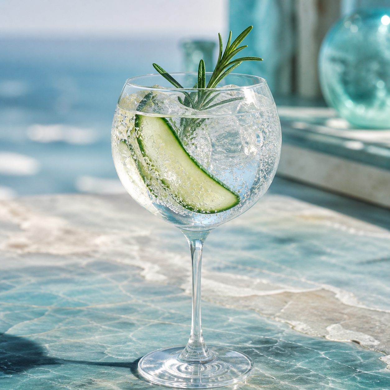 Mermaid Gin served with Fever-Tree Naturally Light Tonic Water, garnished with cucumber slice and juniper berries
