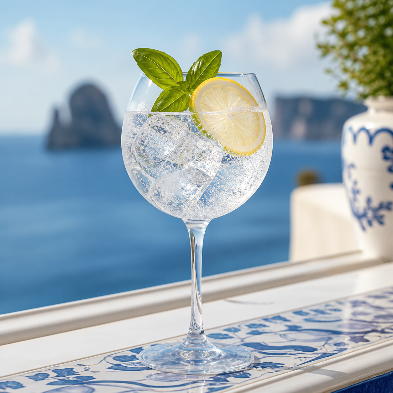 Gin Mare Capri served with Fever-Tree Mediterranean Tonic Water, garnished with lemon wheel and basil leaf