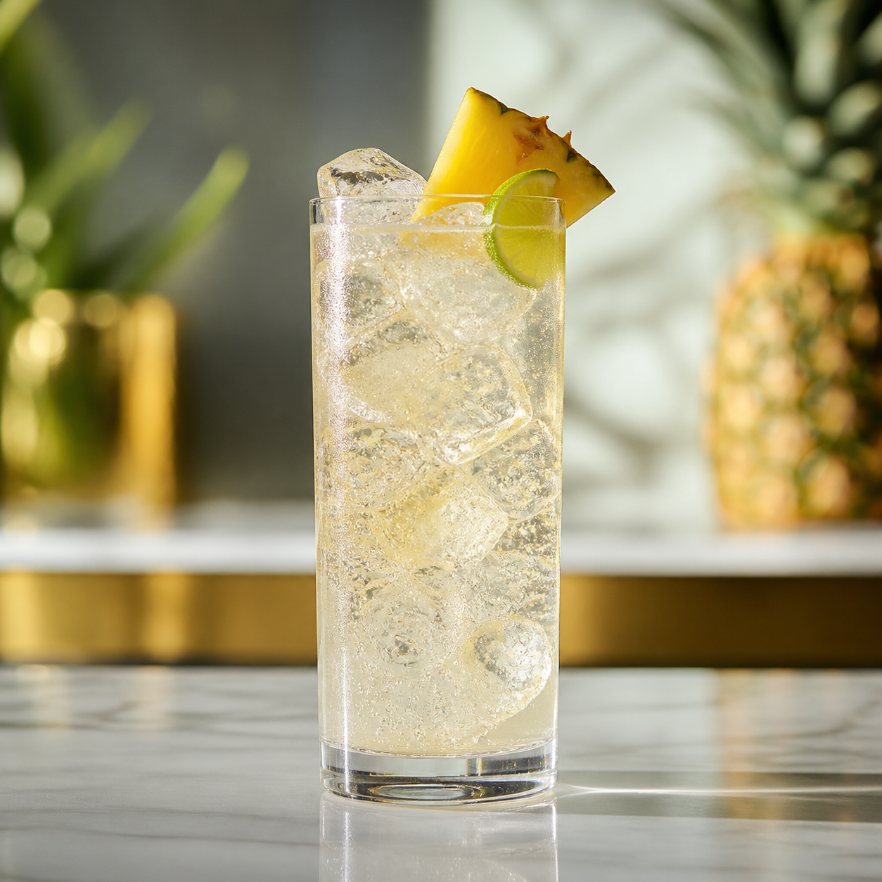 Drumshanbo Gunpowder Irish Gin with Brazilian Pineapple servi avec Fever-Tree Indian Tonic Water, agrémenté de pineapple wedge et mint leaf