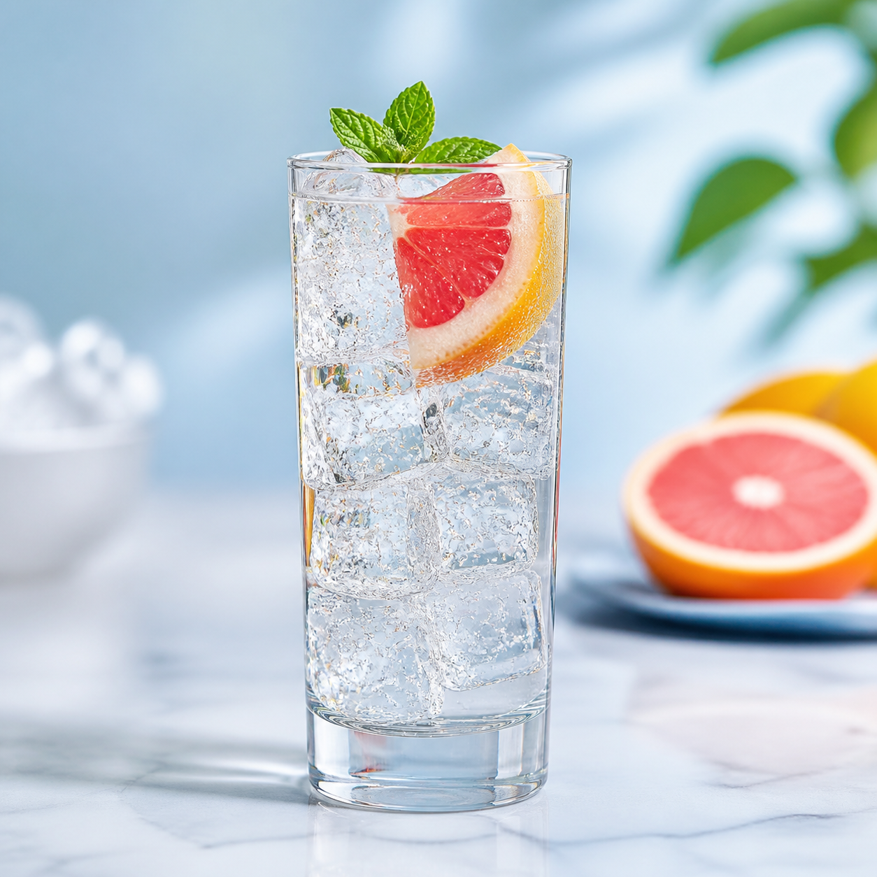 Drumshanbo Gunpowder Irish Gin with Sardinian Citrus servi avec Fever-Tree Indian Tonic Water, agrémenté de ruby grapefruit et mint leaf