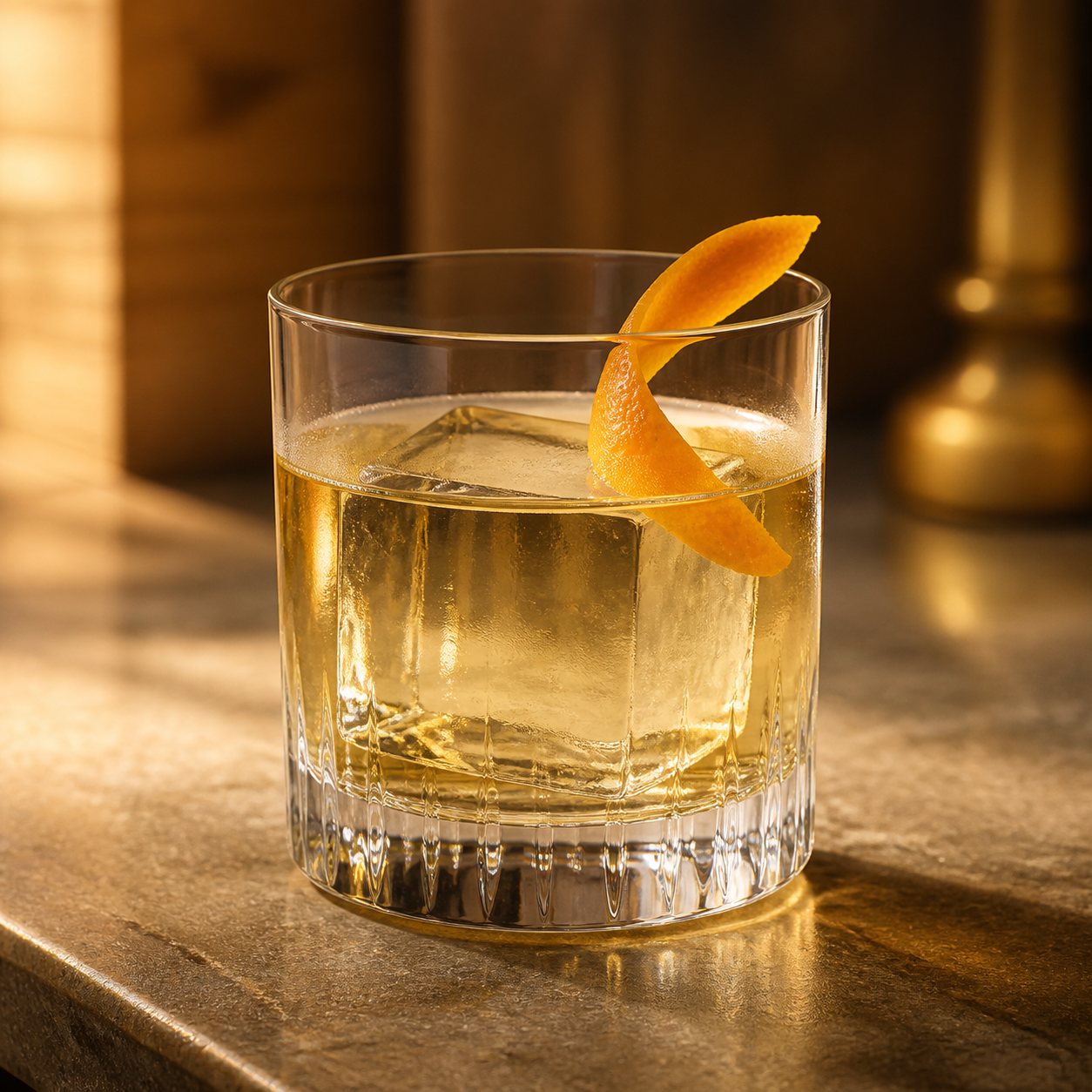 Four Pillars Chardonnay Barrel Gin served, garnished with orange twist
