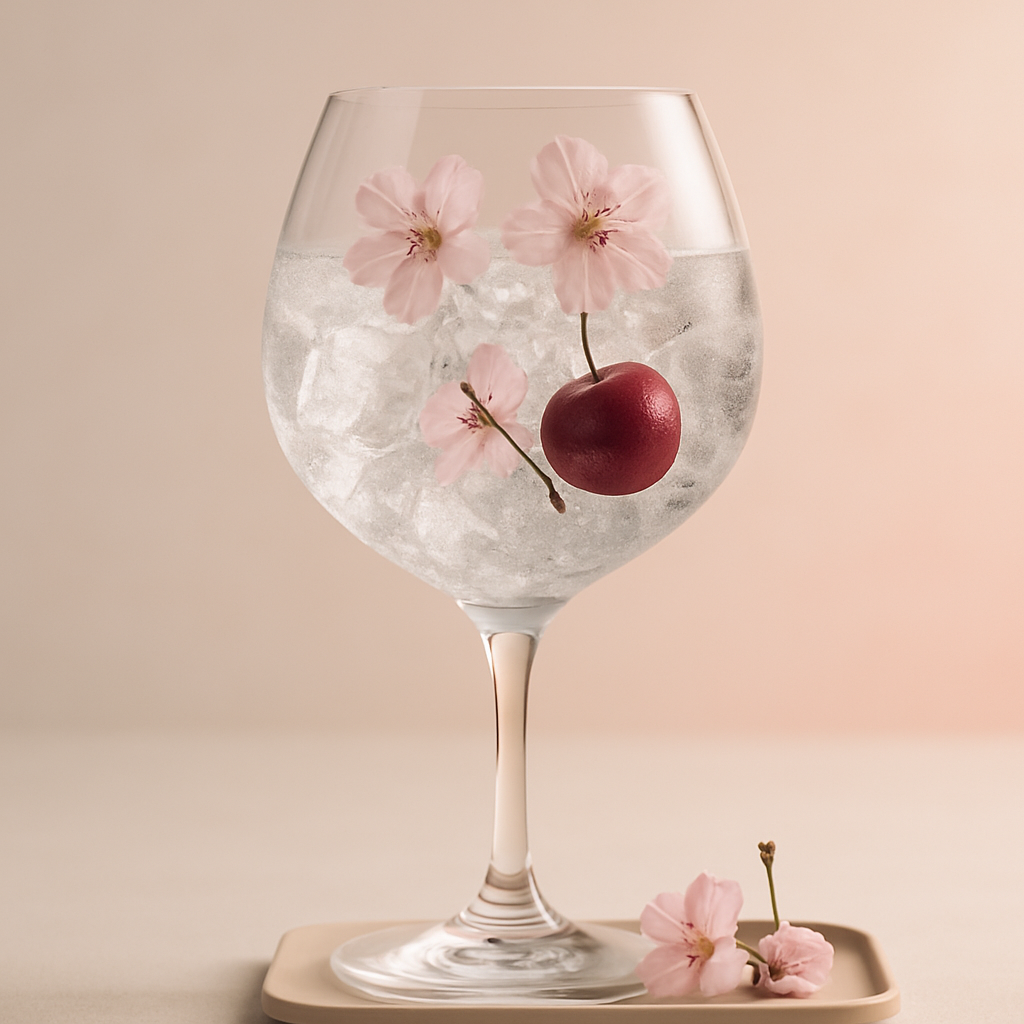 Roku Sakura Bloom Edition servi avec East Imperial Yuzu Tonic, agrémenté de Fresh Cherry et Edible Cherry Blossoms