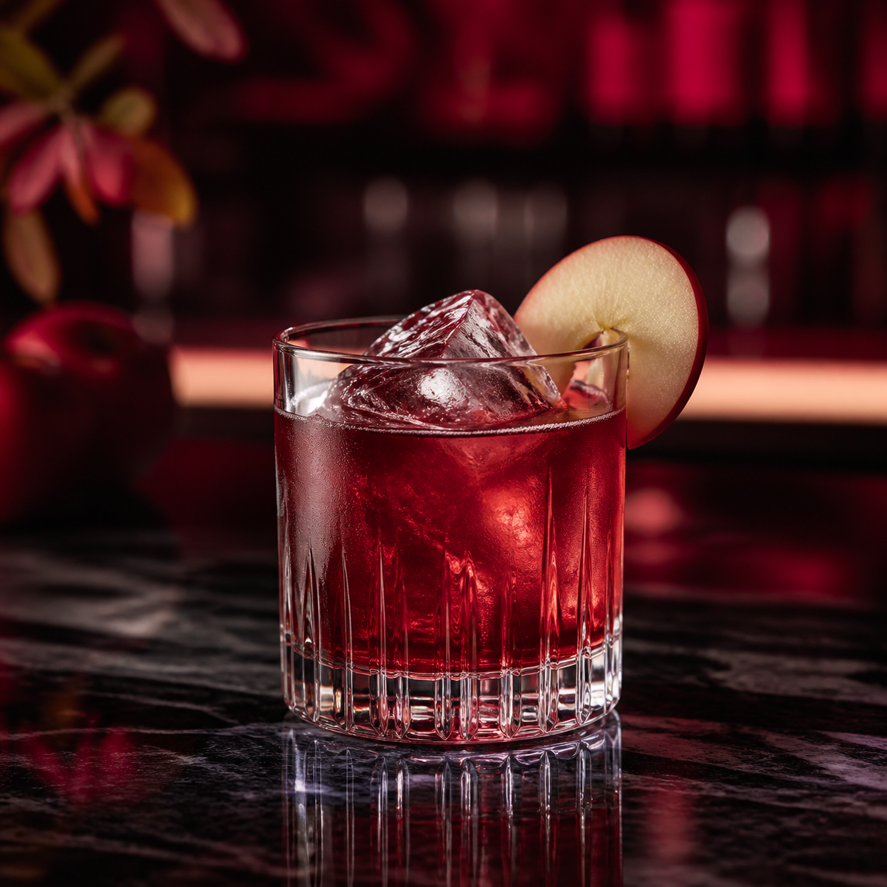 Four Pillars Bloody Applejack Pinot Noir Gin servi avec Soda water, agrémenté de apple slice