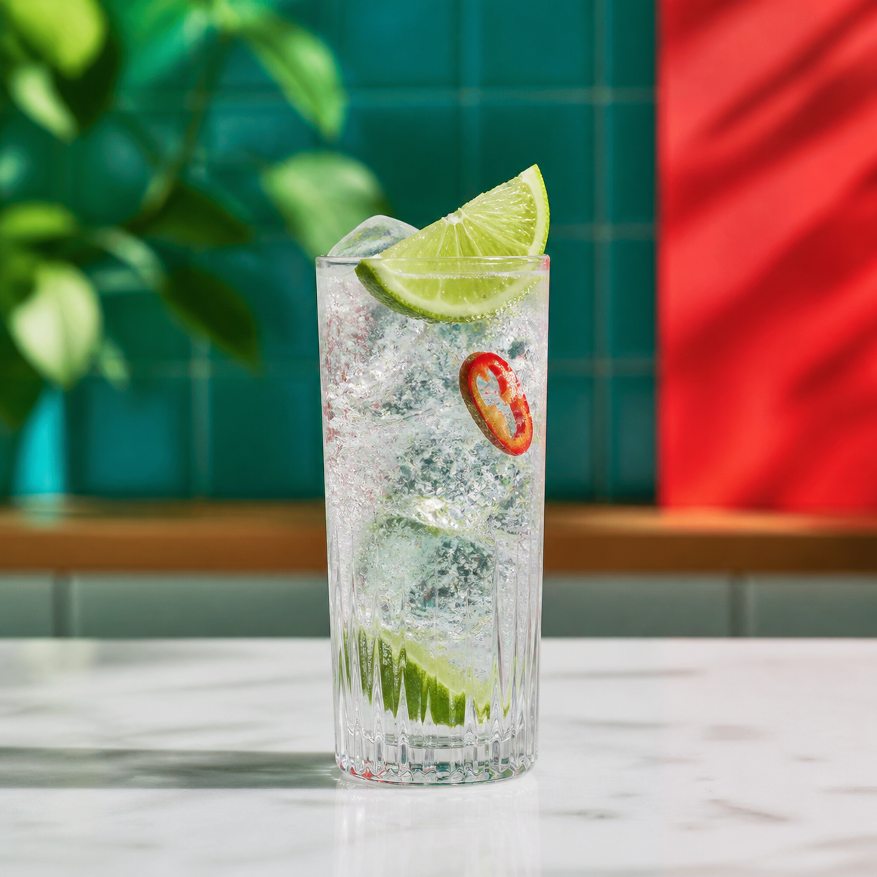 Four Pillars El Cuatro Gin served, garnished with lime wedge
