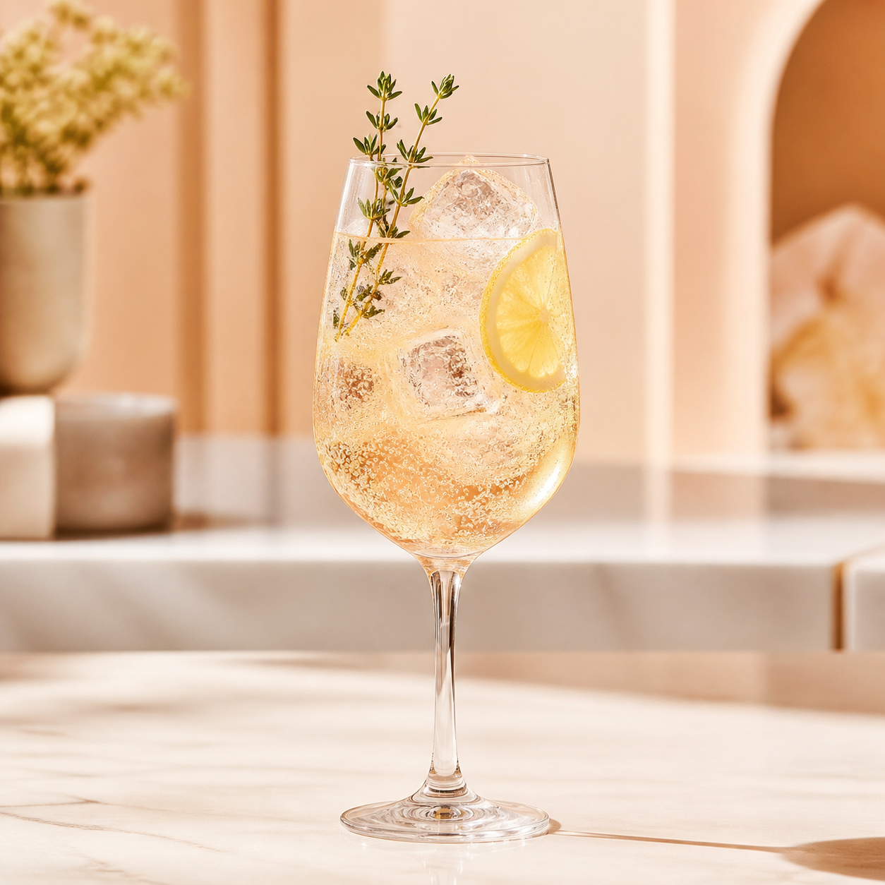 Four Pillars Three Peach Gin served with Soda water, garnished with lemon wedge and thyme sprig