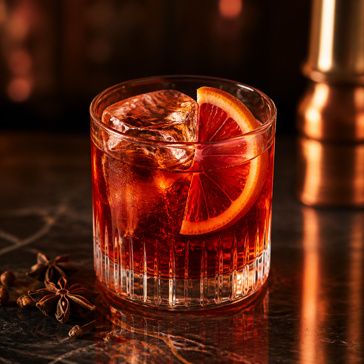 Four Pillars Spiced Negroni Gin served, garnished with blood orange slice
