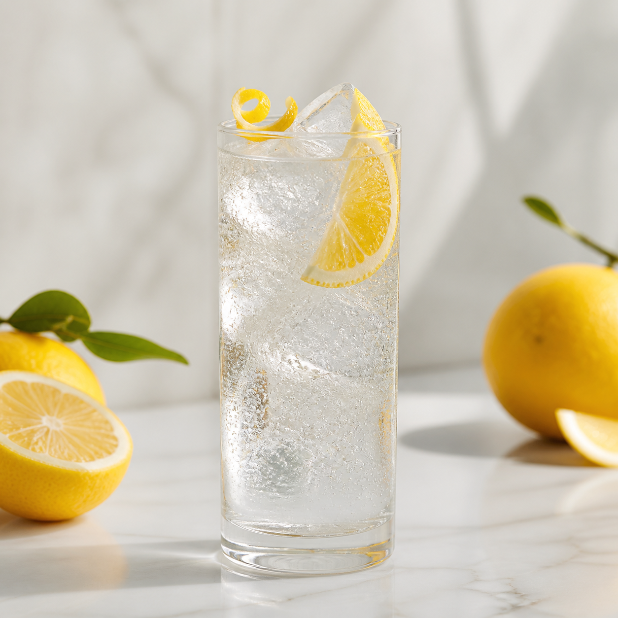 Four Pillars Fresh Yuzu Gin served with Soda water, garnished with lemon wedge