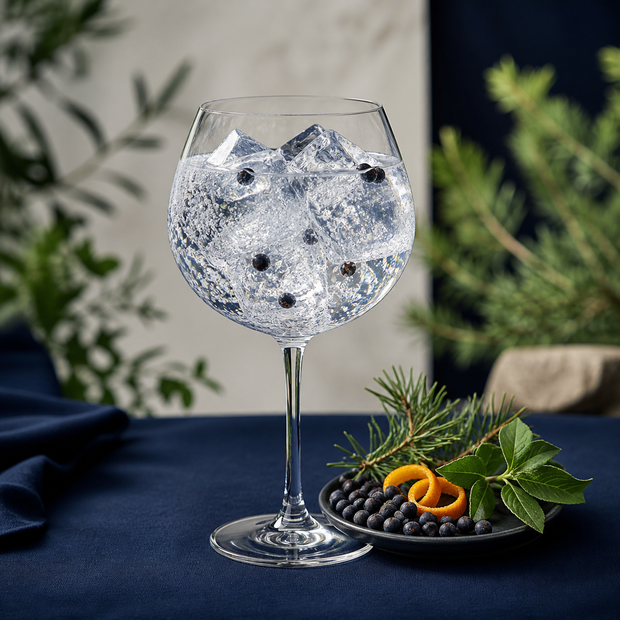 Elephant Strength Gin served with Fever-Tree Indian Tonic Water, garnished with Juniper berries