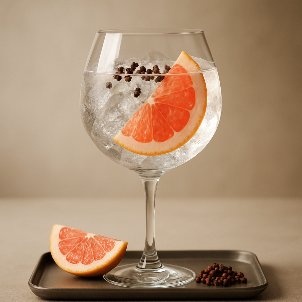 Birdie Timut Gin servi avec East Imperial Yuzu Tonic Water, agrémenté de Pink Grapefruit Slice et Crushed Timut Berries