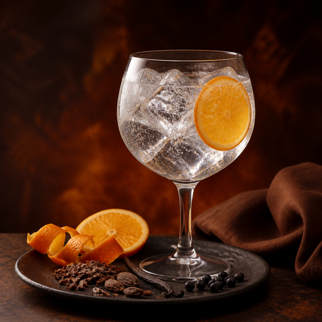 Sipsmith Orange & Cacao Gin servi avec Fever-Tree Indian Tonic Water, agrémenté de Orange wheel