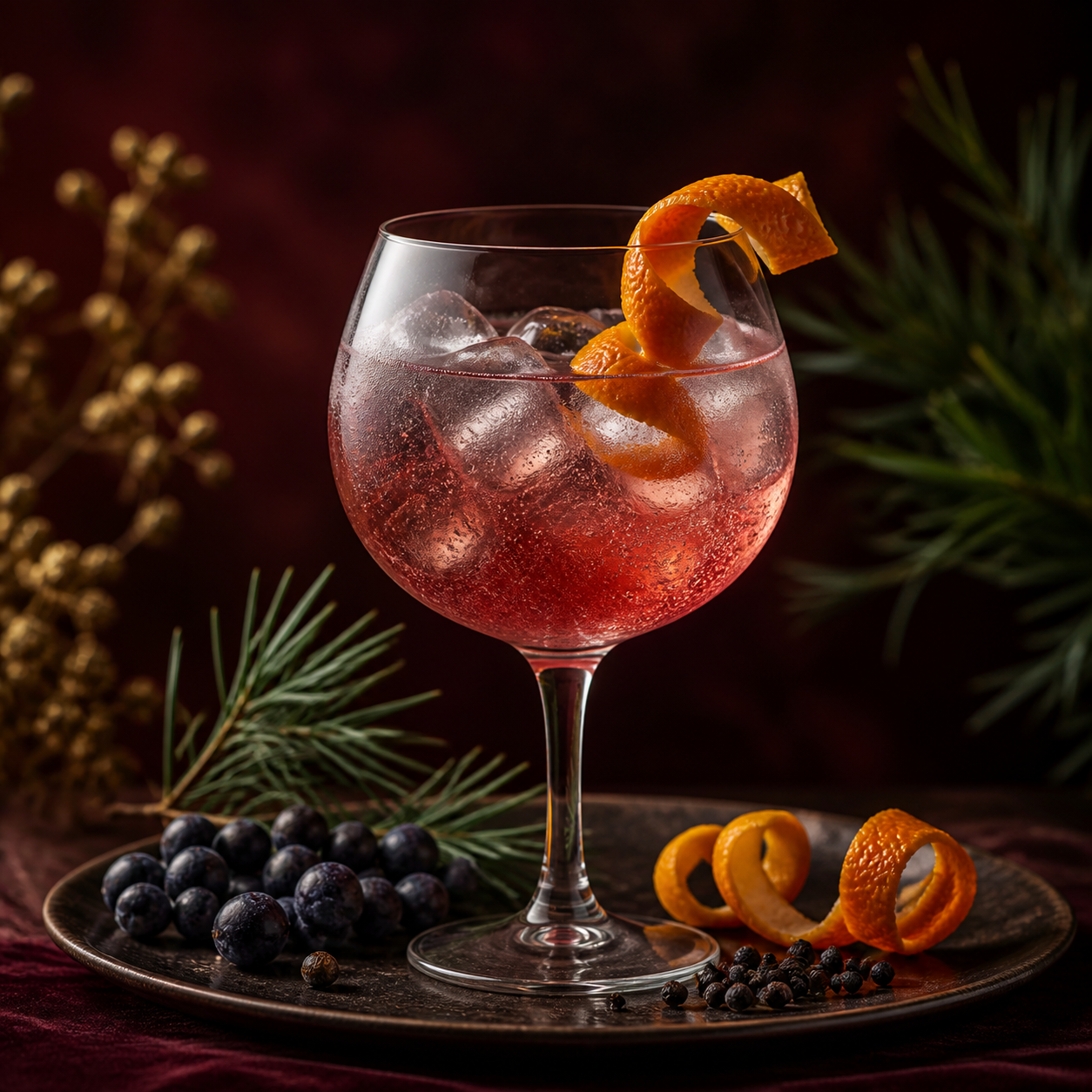 Elephant Sloe Gin servi avec Fever-Tree Indian Tonic Water, agrémenté de Orange twist