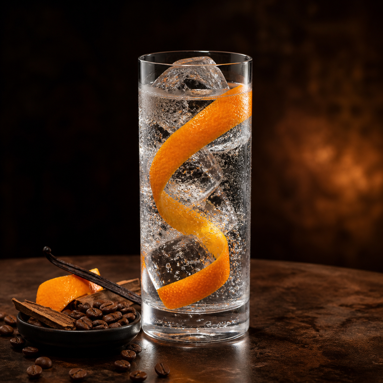 Sipsmith Sipspresso Coffee Gin served with Fever-Tree Indian Tonic Water, garnished with Long orange peel twist
