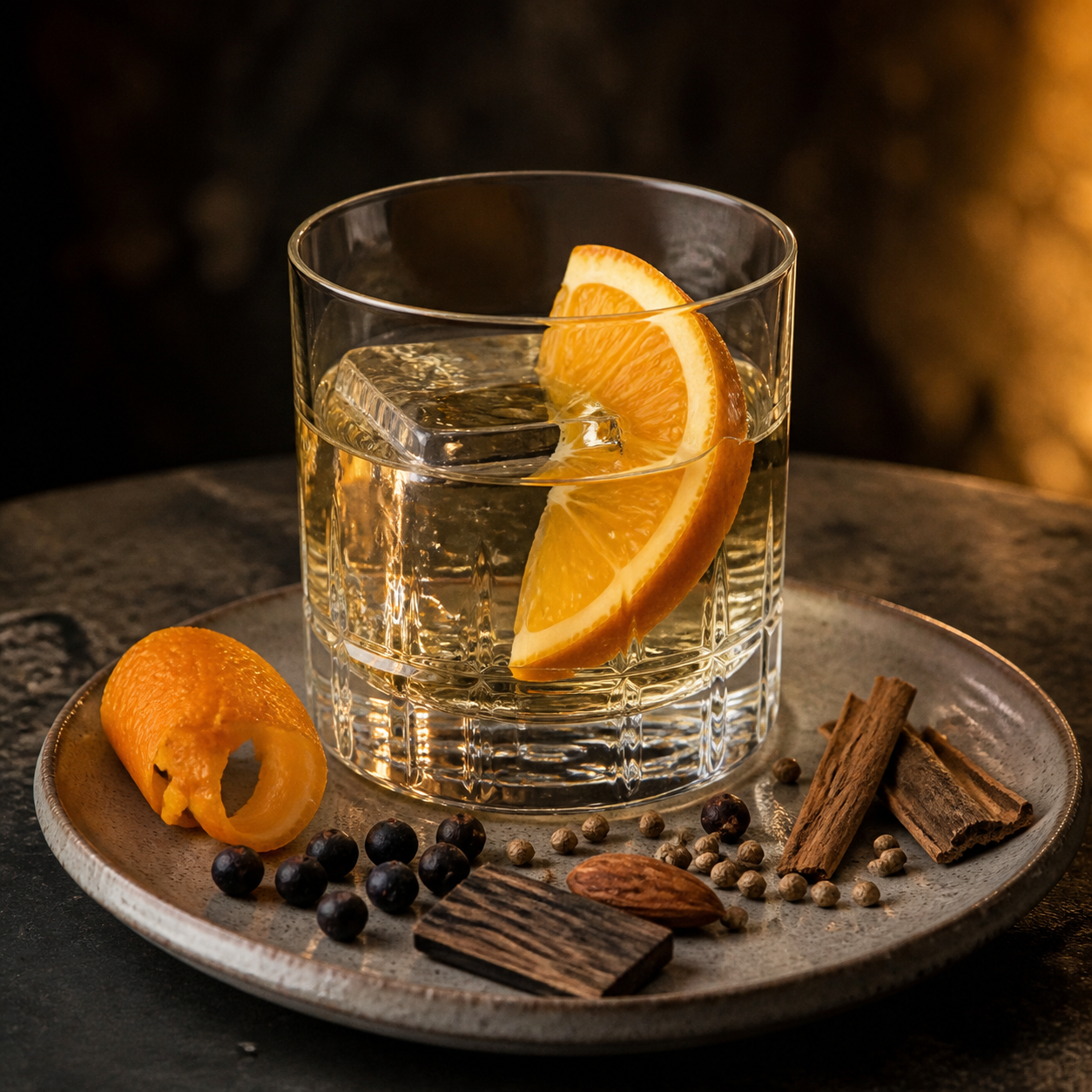 The Botanist Cask Rested Gin served, garnished with Orange slice