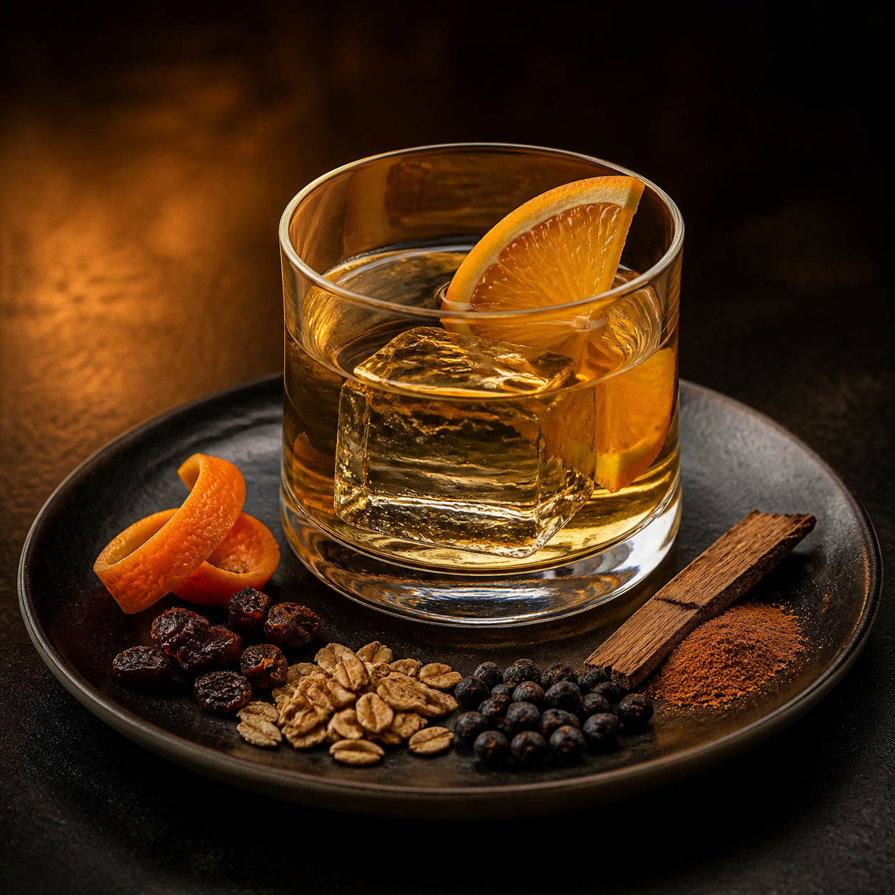 The Botanist Cask Aged Gin served, garnished with Orange slice