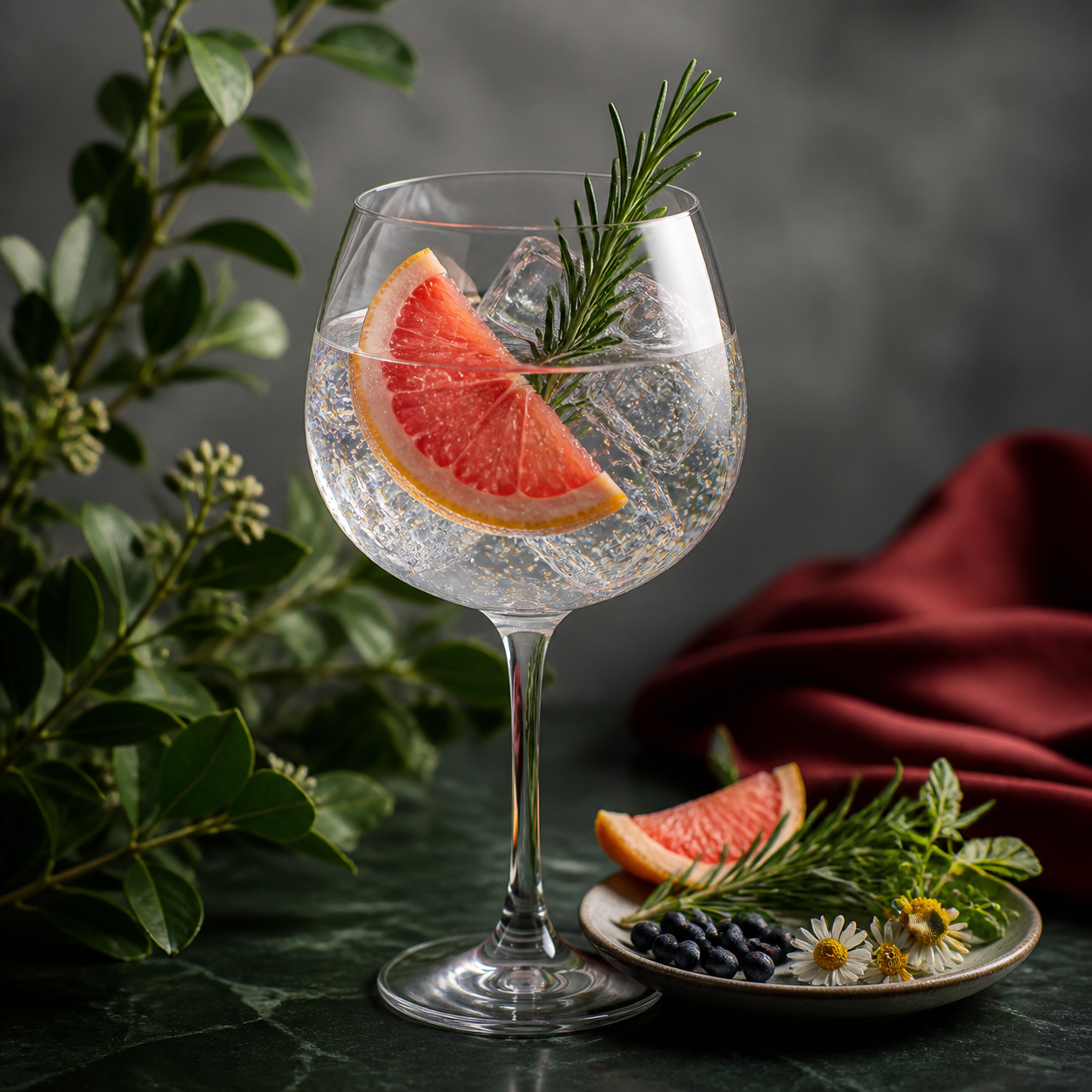 The Botanist Islay Dry Gin served with Fever-Tree Mediterranean Tonic Water, garnished with Pink grapefruit wedge and rosemary