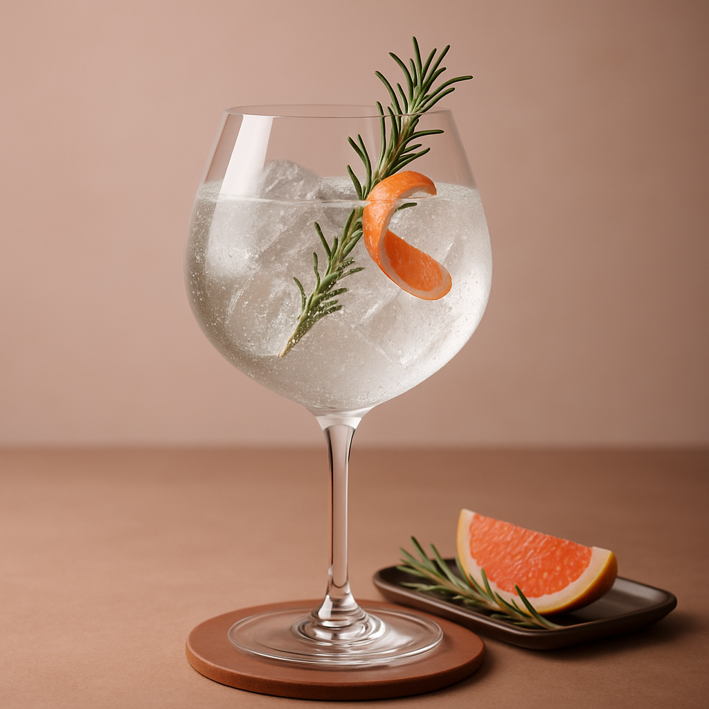 Angel 'Gin from Heaven' served with East Imperial Yuzu Tonic Water, garnished with Pink grapefruit peel and Fresh rosemary sprig