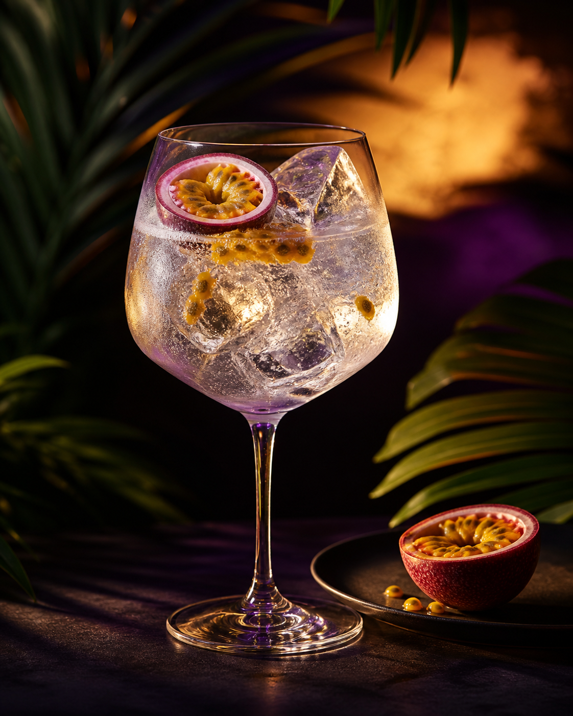 Gordon's Tropical Passionfruit Gin served with Fever-Tree Indian Tonic Water, garnished with Fresh passionfruit