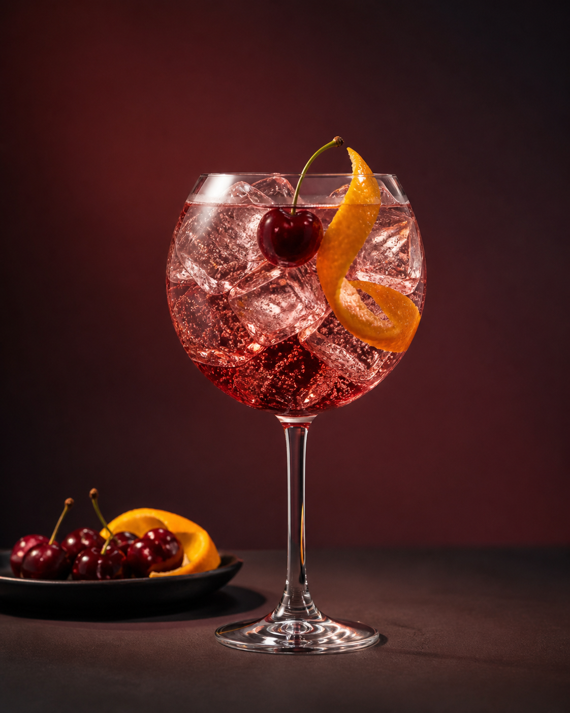 Gordon's Morello Cherry Gin served with Fever-Tree Indian Tonic Water, garnished with Fresh cherry and orange peel