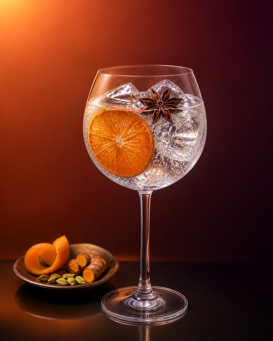 Bombay Sapphire Sunset served with Fever-Tree Indian Tonic Water, garnished with Orange wheel and star anise