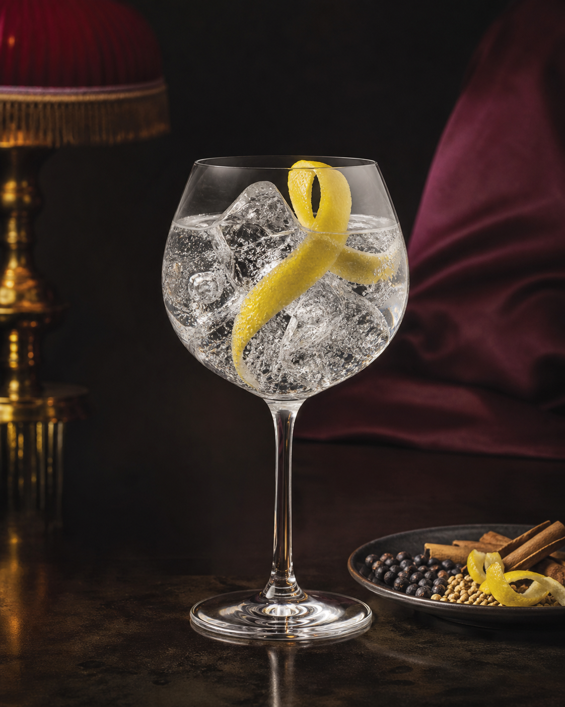 Bombay Dry Gin served with Fever-Tree Indian Tonic Water, garnished with Lemon peel