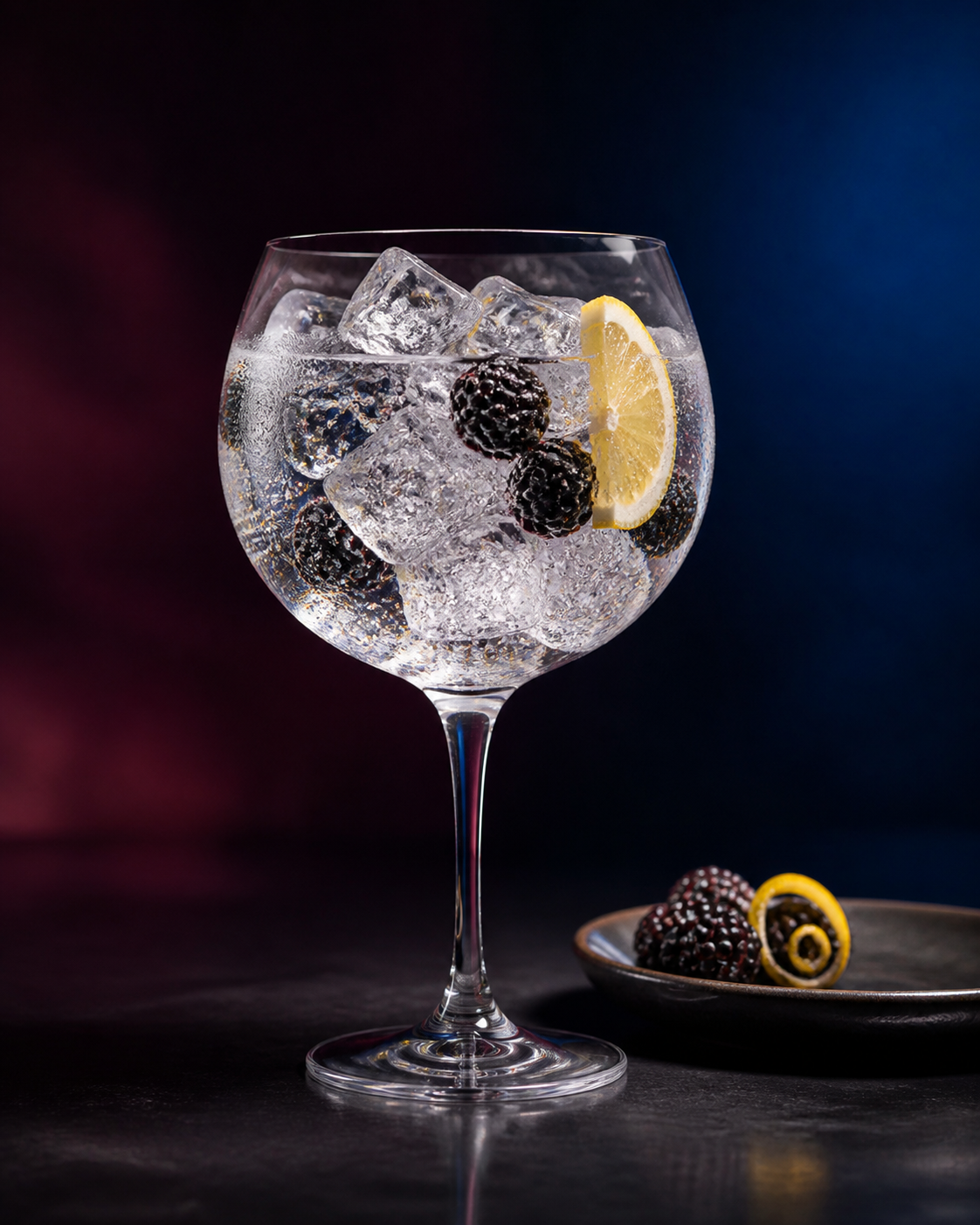 Bombay Bramble served with Fever-Tree Indian Tonic Water, garnished with Fresh blackberry and lemon wedge