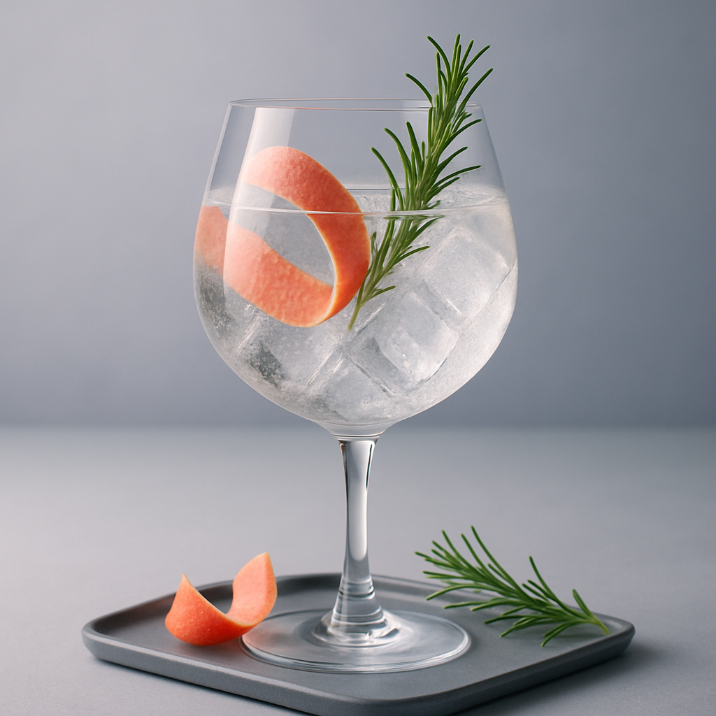 Balang Gin served with Thomas Henry Tonic Water, garnished with Rosemary sprig and Pink grapefruit peel