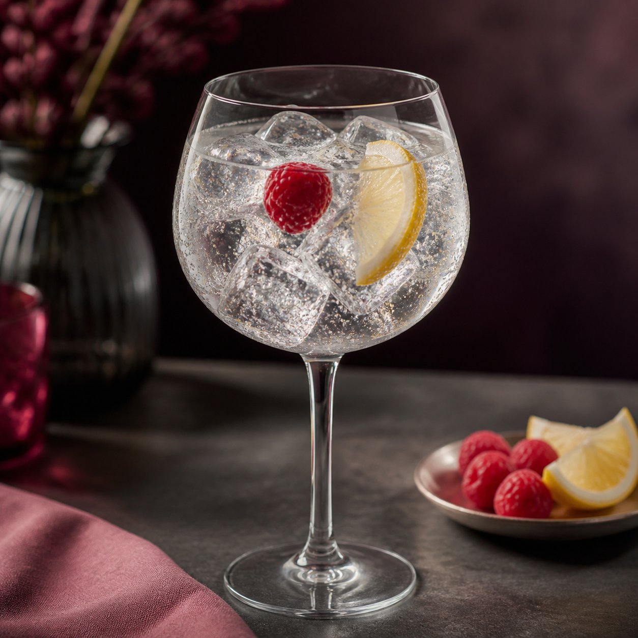 Warner's Raspberry Gin served with Fever-Tree Indian Tonic Water, garnished with Fresh raspberry and lemon wedge