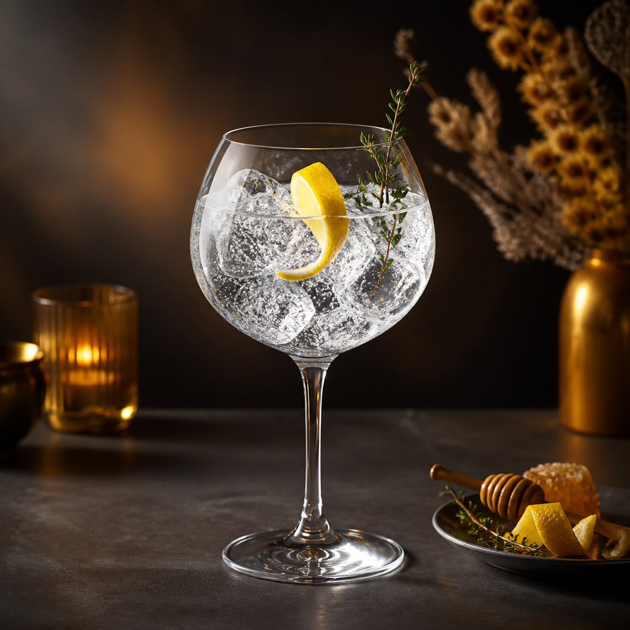 Warner's Honeybee Gin served with Fever-Tree Elderflower Tonic Water, garnished with Lemon twist and thyme sprig