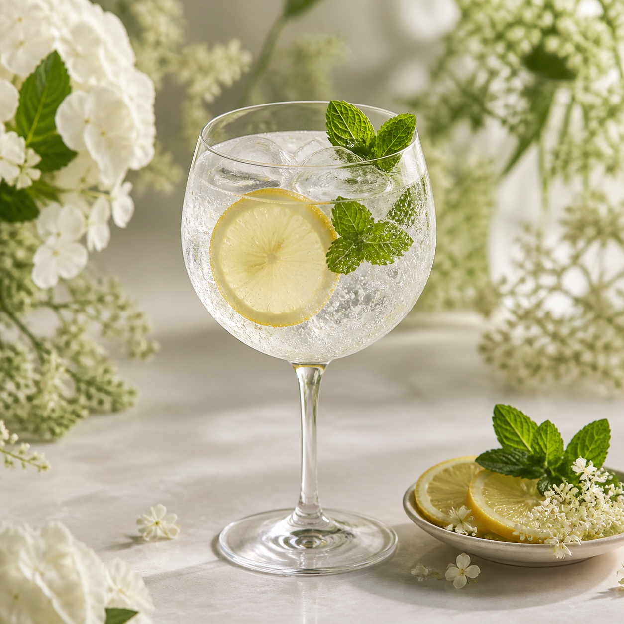 Warner's Elderflower Gin served with Fever-Tree Elderflower Tonic Water, garnished with Fresh mint and lemon wheel