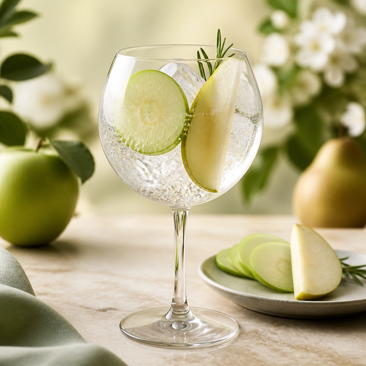 Warner's Apple & Pear Gin served with Fever-Tree Mediterranean Tonic Water, garnished with Green apple slice and pear wedge