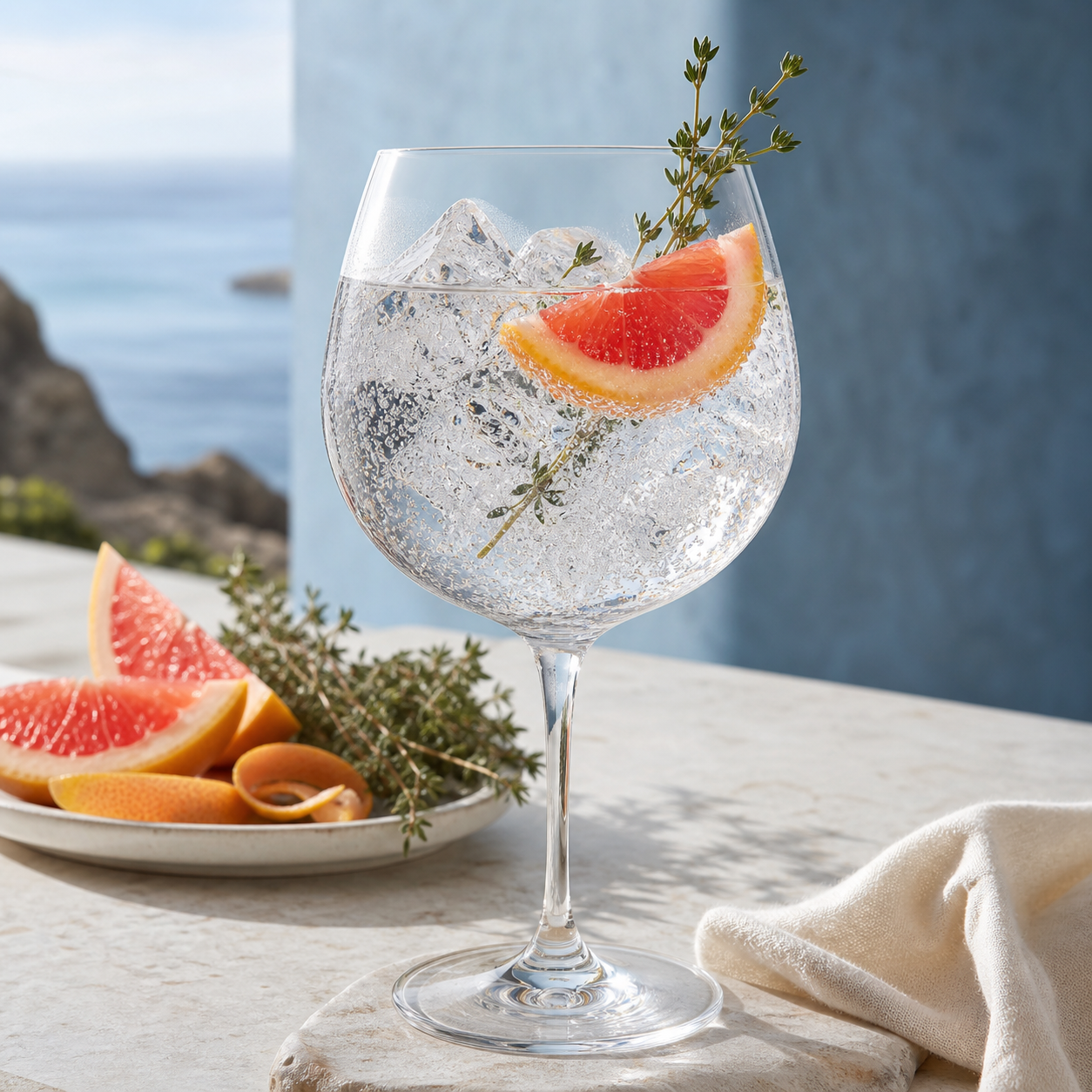 Tarquin's Handcrafted Cornish Dry Gin served with Fever-Tree Mediterranean Tonic Water, garnished with Red grapefruit and thyme sprig