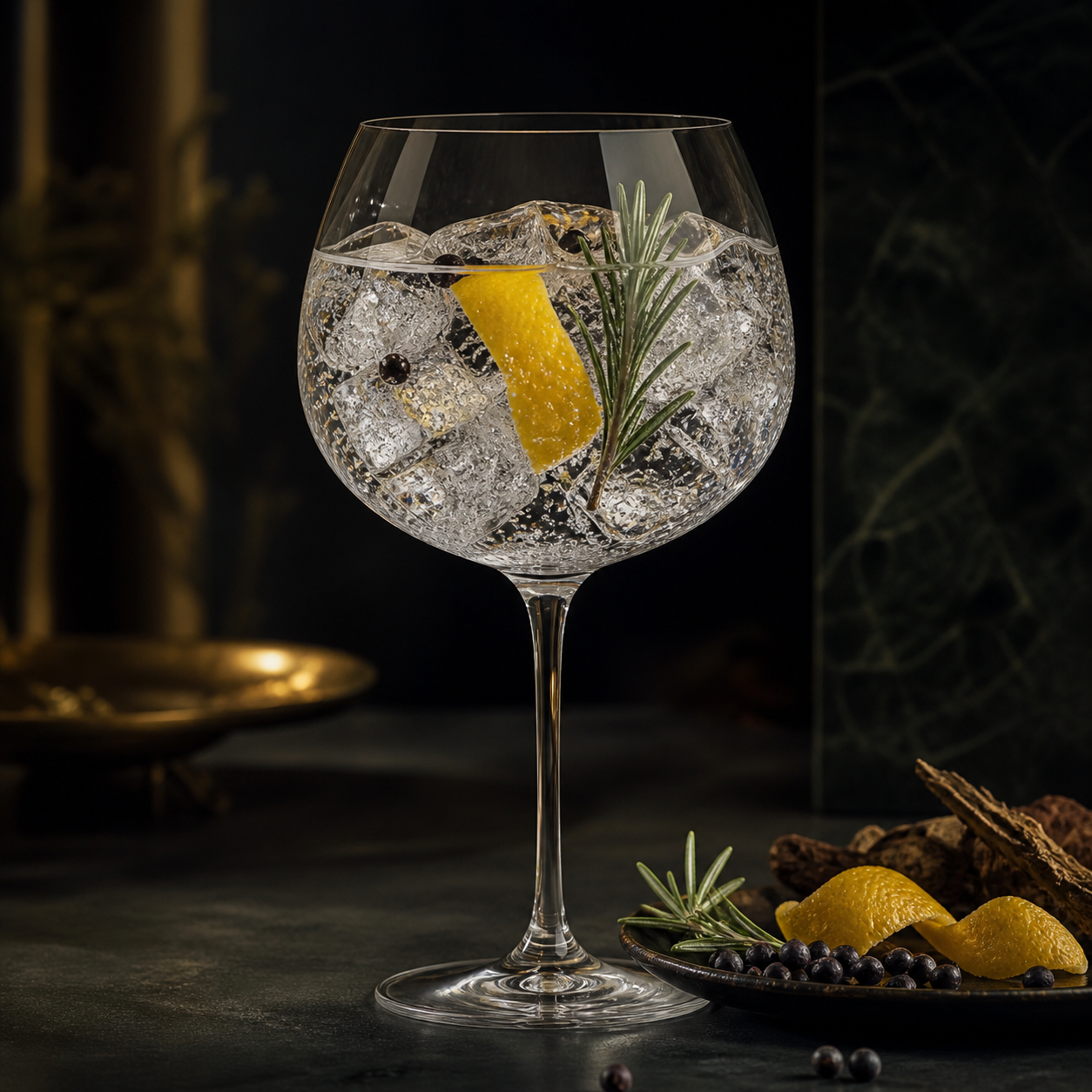 Silent Pool Black Juniper Gin served with Fever-Tree Indian Tonic Water, garnished with Lemon peel and rosemary sprig