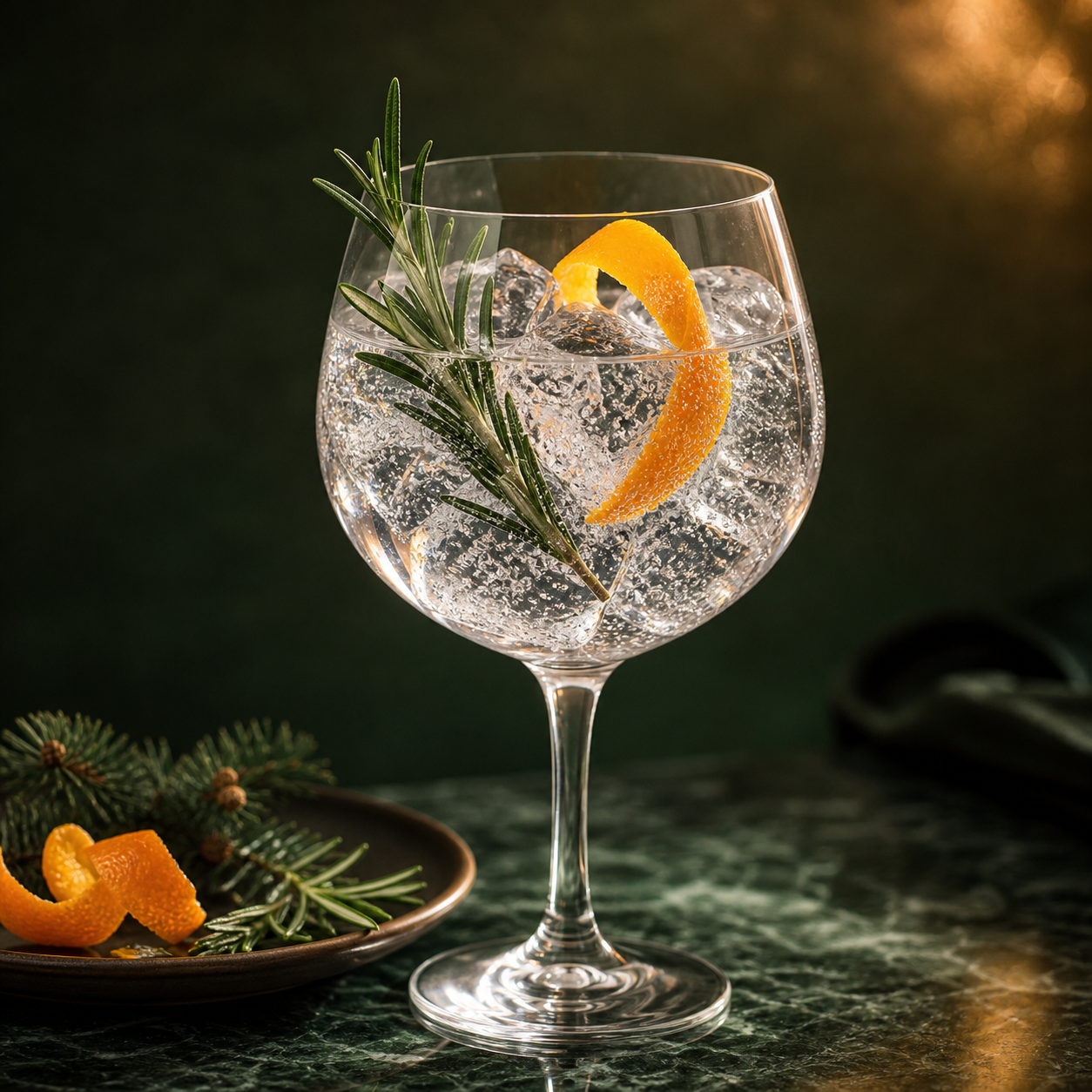 Gin de Nalinnes Winter Edition served with Fever-Tree Mediterranean Tonic Water, garnished with Fresh rosemary sprig and orange peel