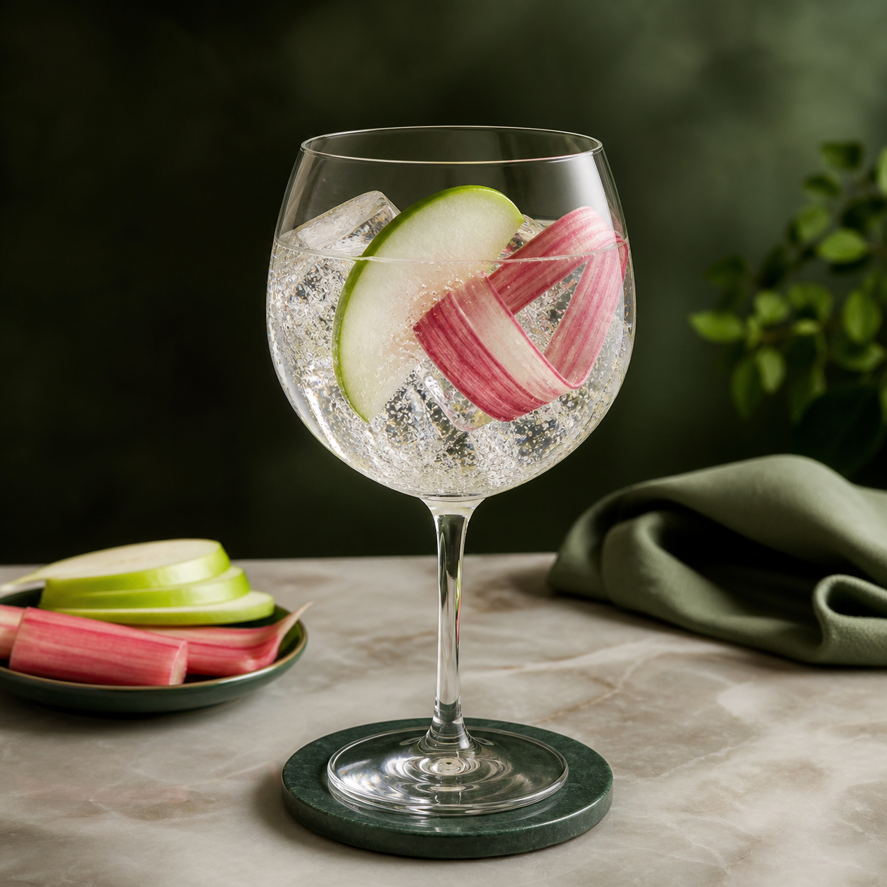 Four Pillars x Warner's Green Apple & Rhubarb Gin served with Fever-Tree Mediterranean Tonic Water, garnished with Green apple slice and rhubarb ribbon