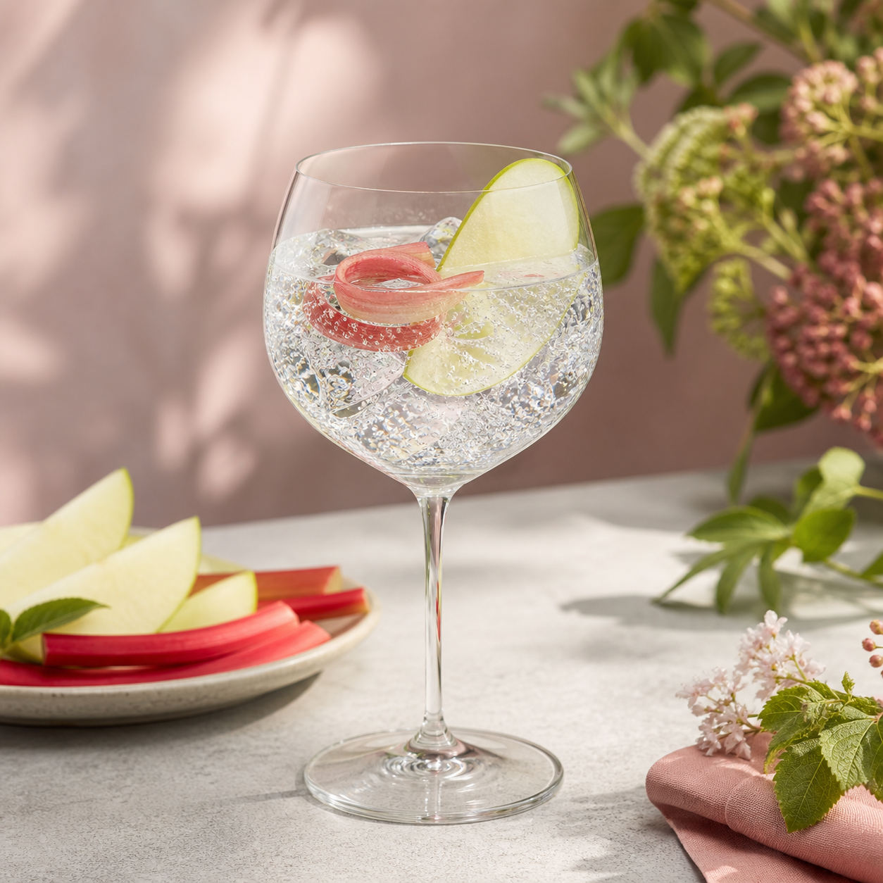 Chase Rhubarb & Apple Gin served with Fever-Tree Mediterranean Tonic Water, garnished with Apple slice and rhubarb ribbon