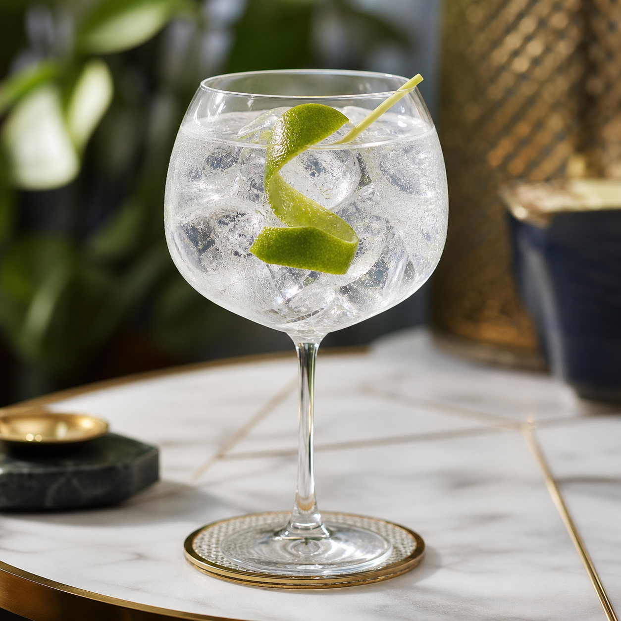 Singapore Airlines & Hayman's Connoisseur Dry Gin servi avec Fever-Tree Mediterranean Tonic Water, agrémenté de Lime peel twist et Small lemongrass strip