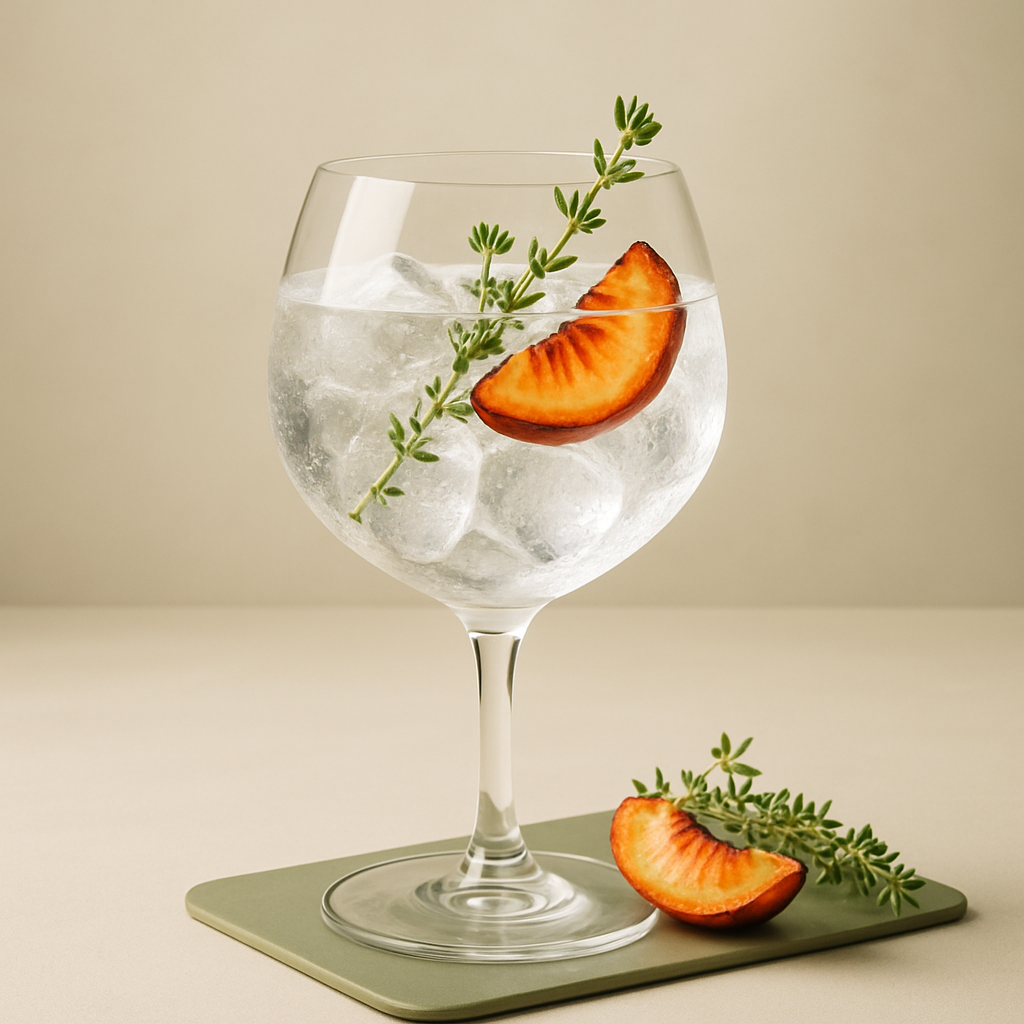 Melifera Gin served with Thomas Henry Tonic Water, garnished with Roasted Peach Slice and Lemon Thyme Sprig