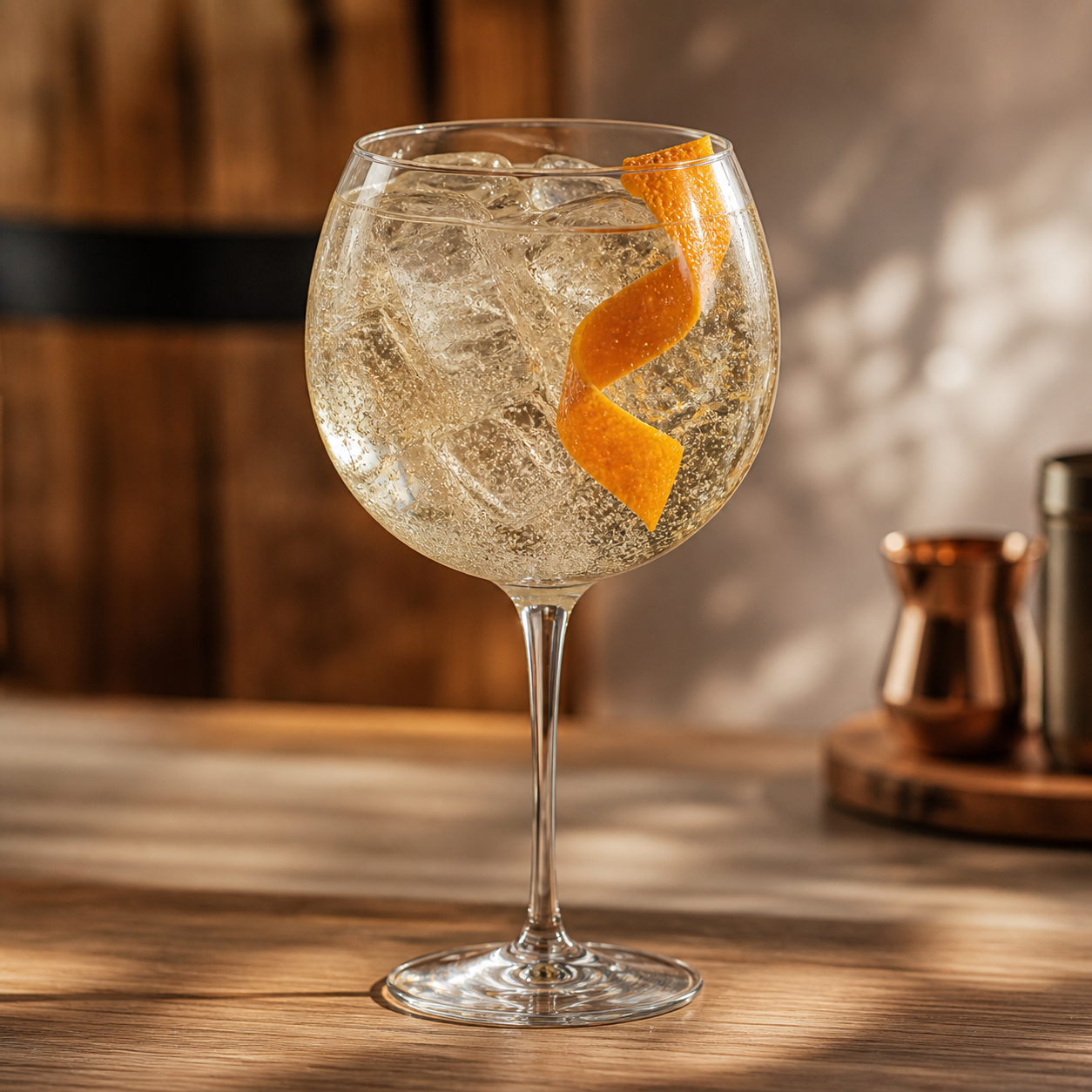 Hayman's Gently Rested Gin served with Fever-Tree Mediterranean Tonic Water, garnished with Orange peel twist