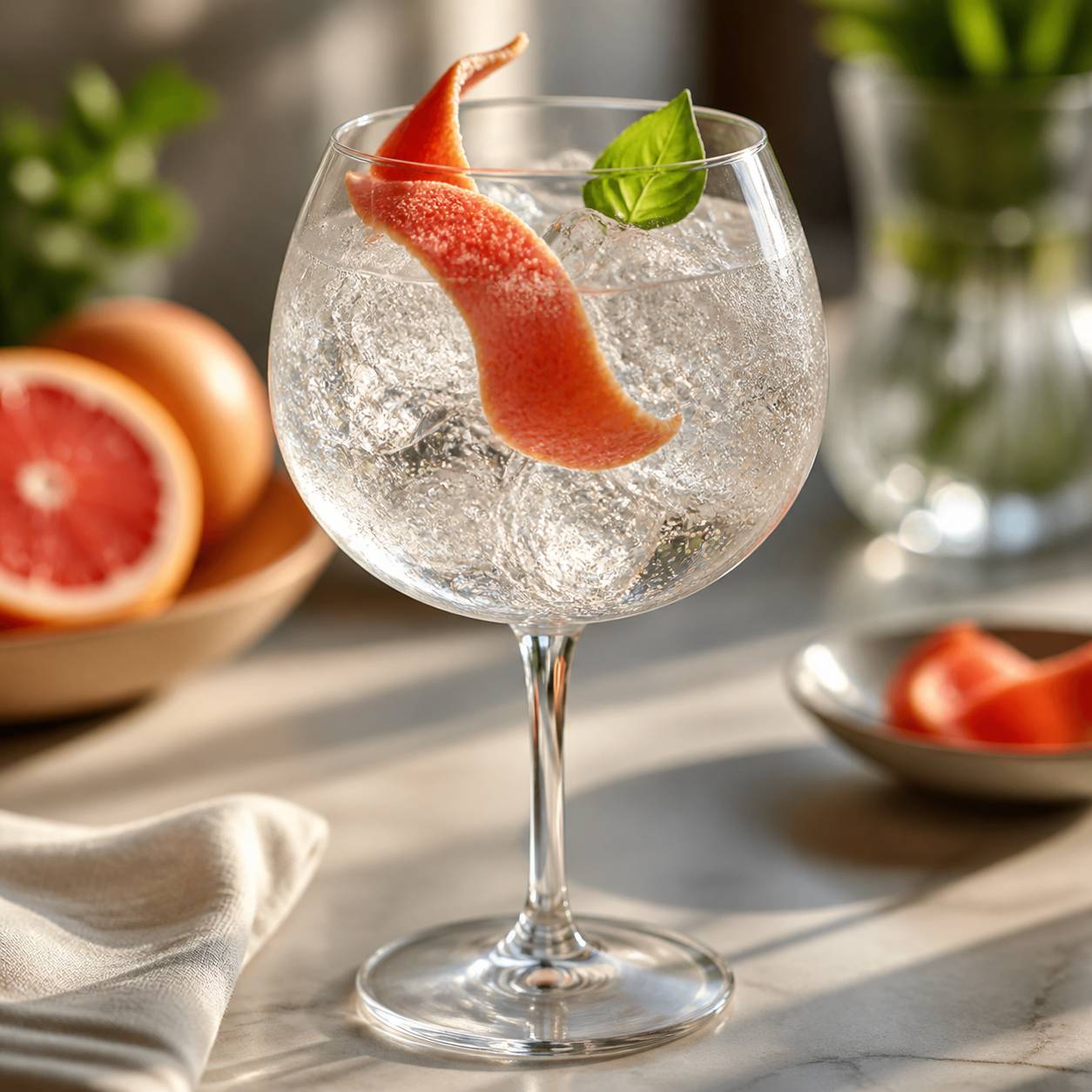Hayman's Vibrant Citrus Gin served with Fever-Tree Mediterranean Tonic Water, garnished with Grapefruit peel twist and Small basil leaf
