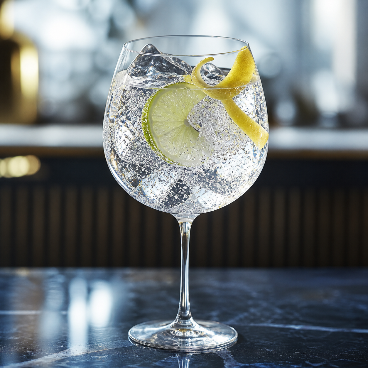 Hernö Navy Strength Gin served with Fever-Tree Indian Tonic Water, garnished with Lemon peel twist and Thin lime wheel