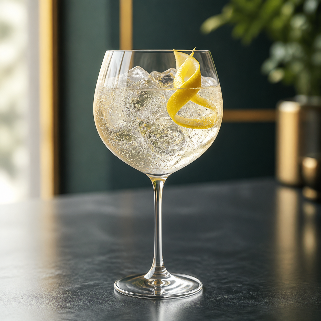 Hernö Old Tom Gin served with Fever-Tree Indian Tonic Water, garnished with Lemon peel twist