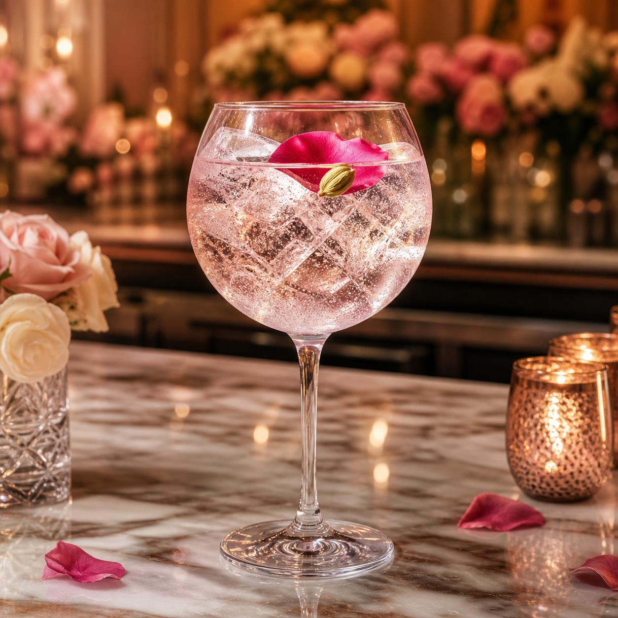 Vára Gin served with Fever-Tree Mediterranean Tonic Water, garnished with Rose petal and Cardamom pod