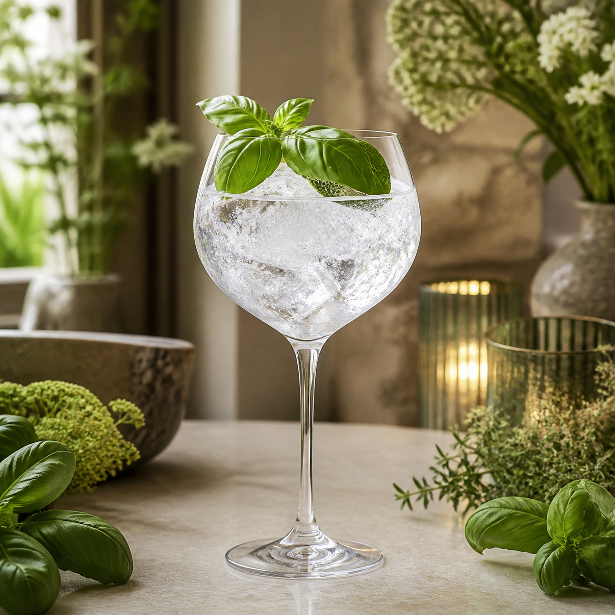 Deerness 2023 Edition Gin served with Fever-Tree Mediterranean Tonic Water, garnished with Basil leaf and Lime leaf