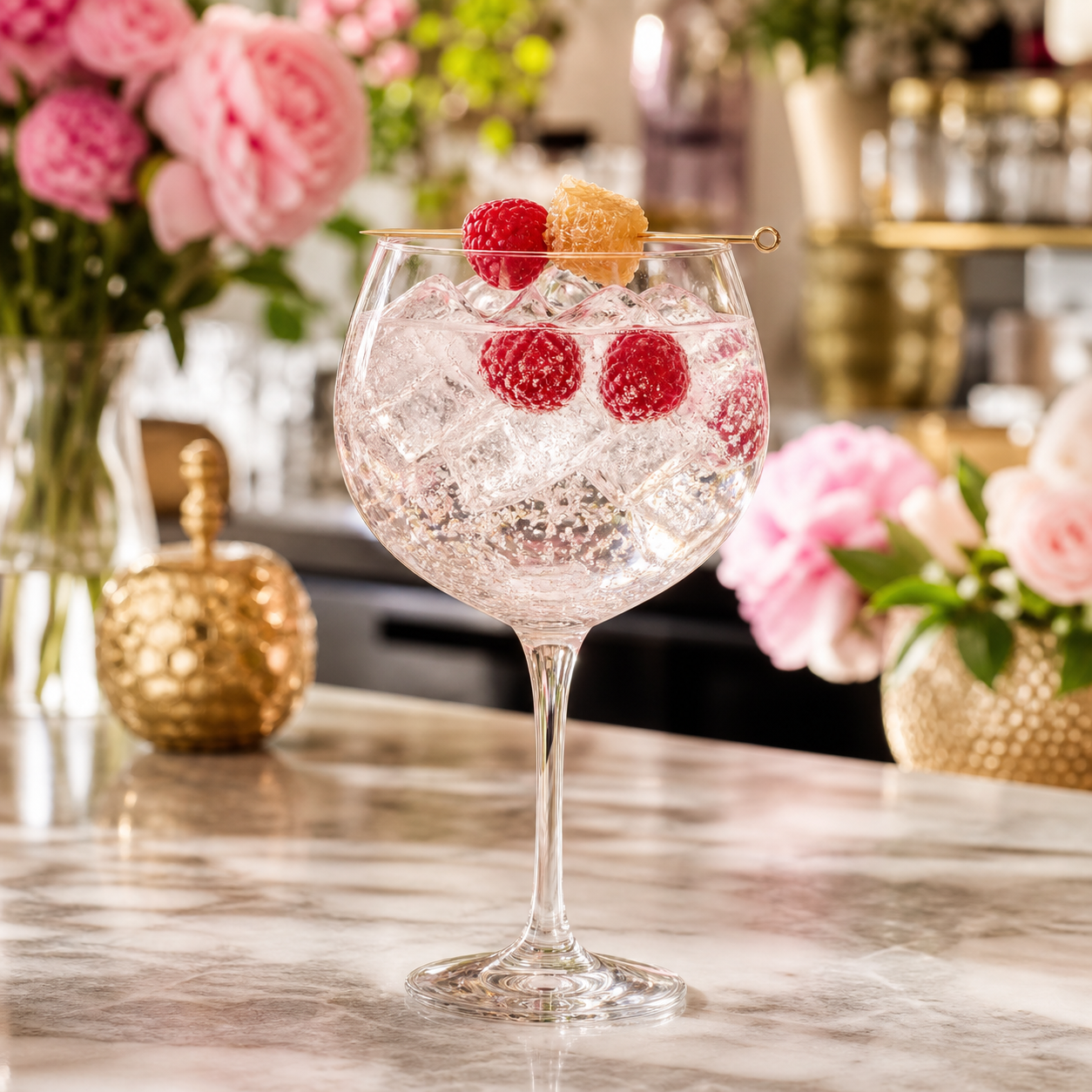 Beyla Honey & Raspberry Old Tom Gin served with Fever-Tree Mediterranean Tonic Water, garnished with Fresh raspberries and Honeycomb