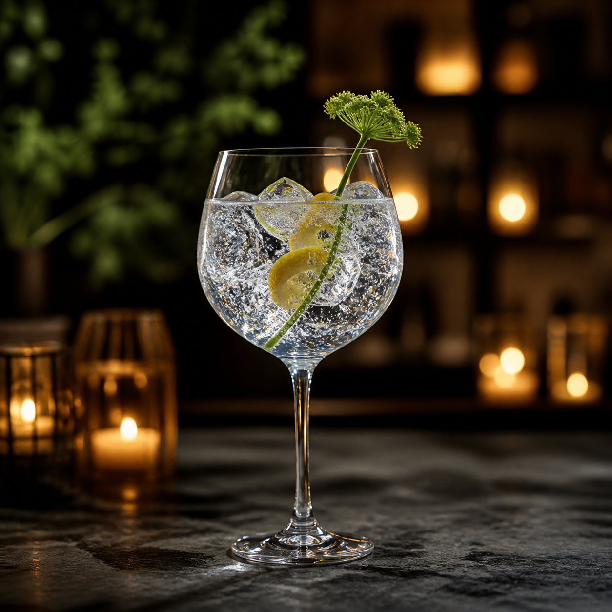 Arkh-Angell Storm Strength Orkney Gin served with Fever-Tree Indian Tonic Water, garnished with Lemon peel and Angelica stem