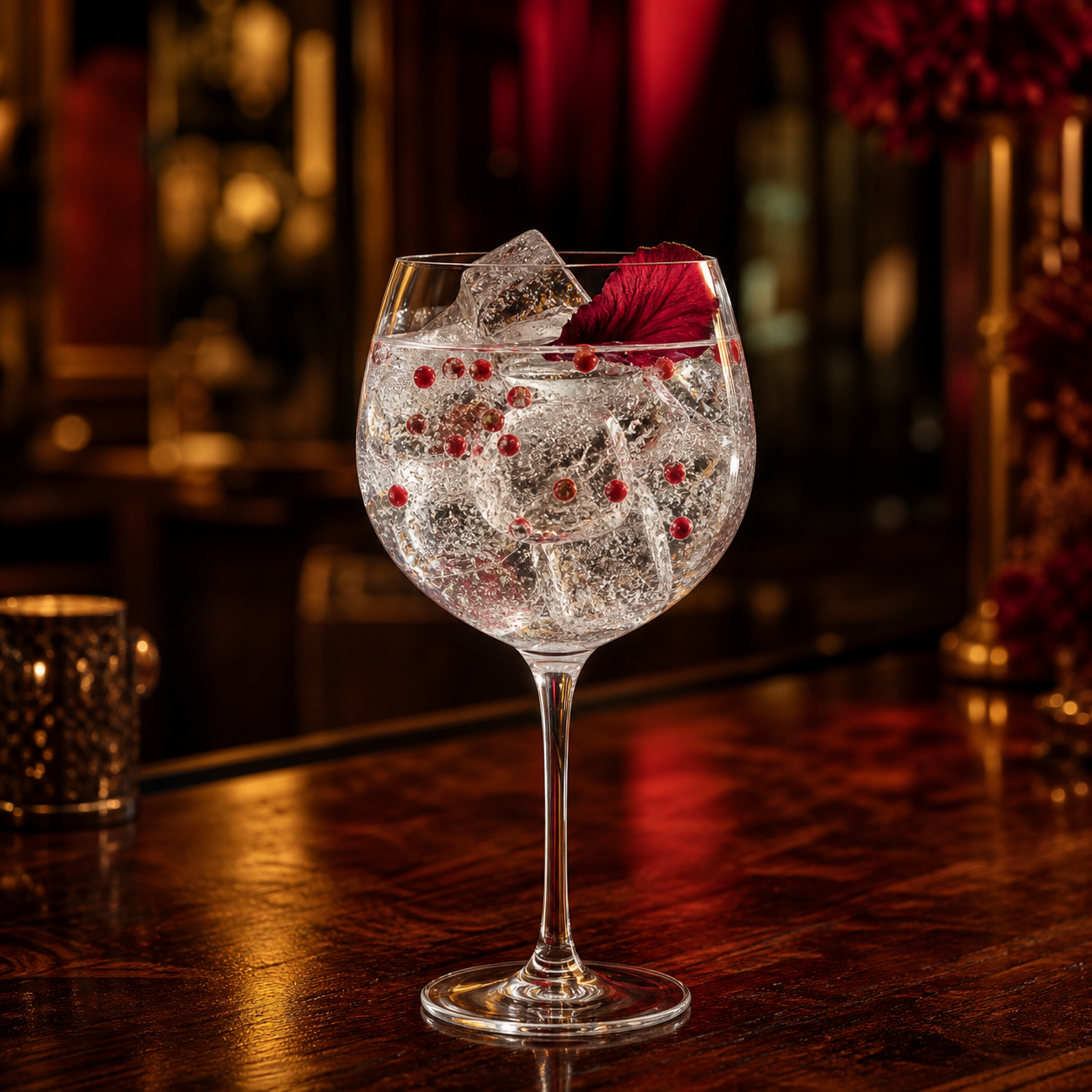 Tarbert Legbiter Navy Strength Gin served with Fever-Tree Indian Tonic Water, garnished with Pink peppercorn and Hibiscus petal