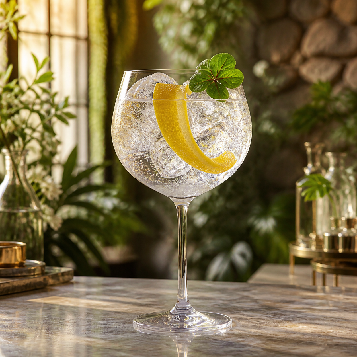 Kintyre Botanical Gin served with Fever-Tree Mediterranean Tonic Water, garnished with Lemon peel and Sorrel leaf