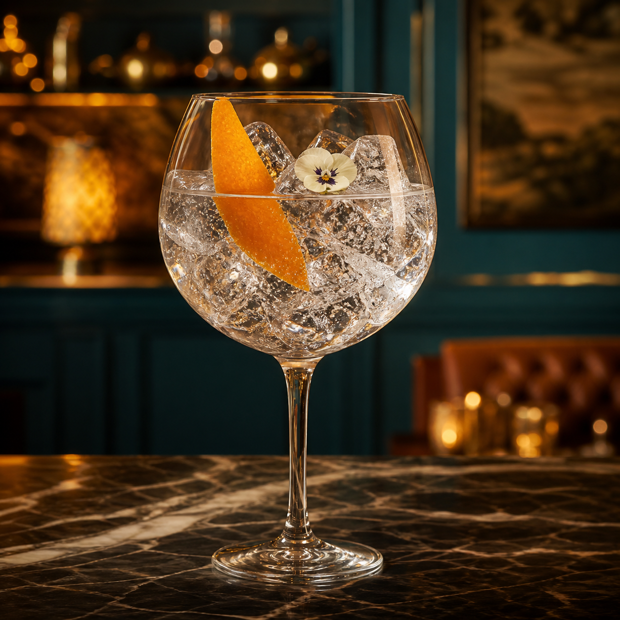 Tobermory Hebridean Gin served with Fever-Tree Mediterranean Tonic Water, garnished with Orange peel and Edible flower