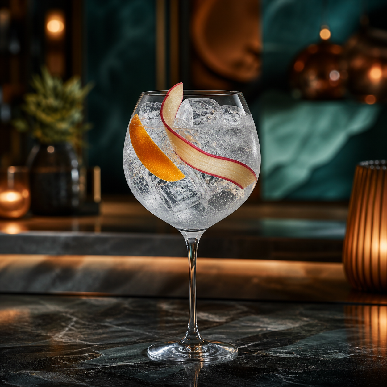 Isle of Raasay Gin served with Fever-Tree Mediterranean Tonic Water, garnished with Orange peel and Rhubarb ribbon